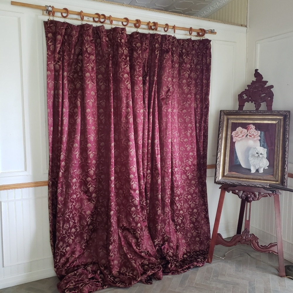 Custom Drapes 150 x 98 2 Panel Maroon Gold Floral Jacquard Room Darken Rod Pkt